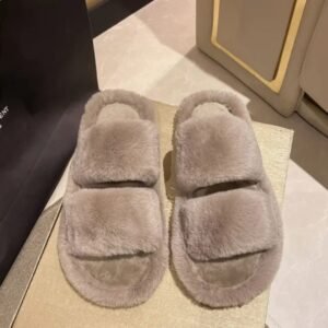 Double Strap Fur Slides-Brown