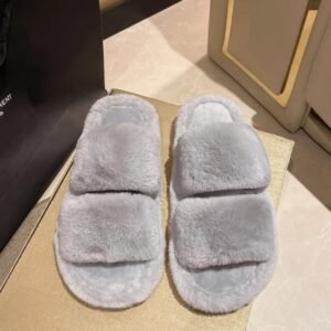 Double Strap Fur Slides-Grey