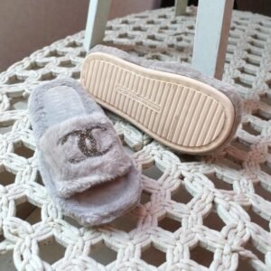 Channel Glitter Fur Slides-Grey