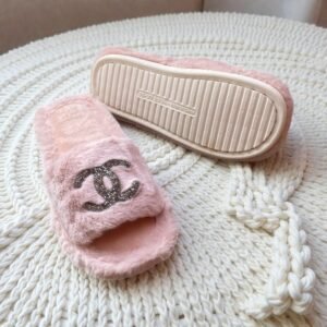 Channel Glitter Fur Slides-Pink