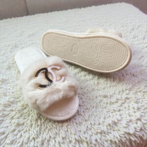 Channel Buckle Fur Slides-White