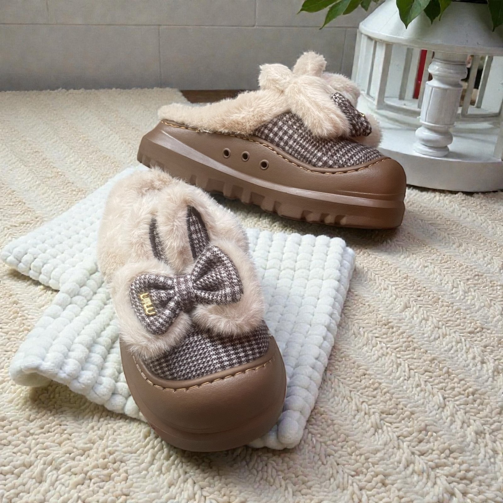 Check Bow Mules-Cofee