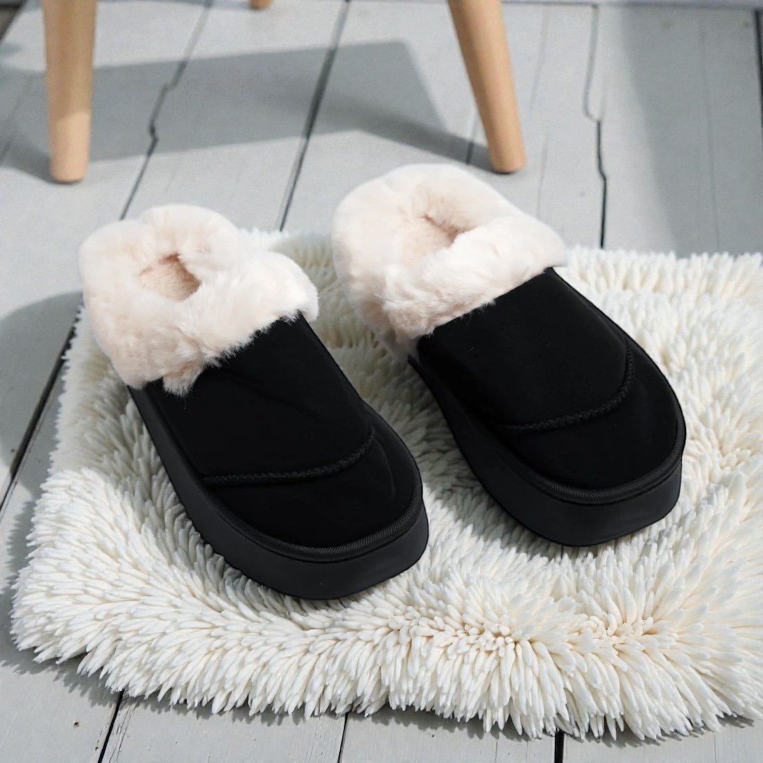 Plain Fur Mules-Black