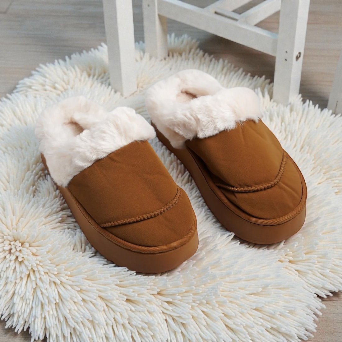Plain Fur Mules-Brown