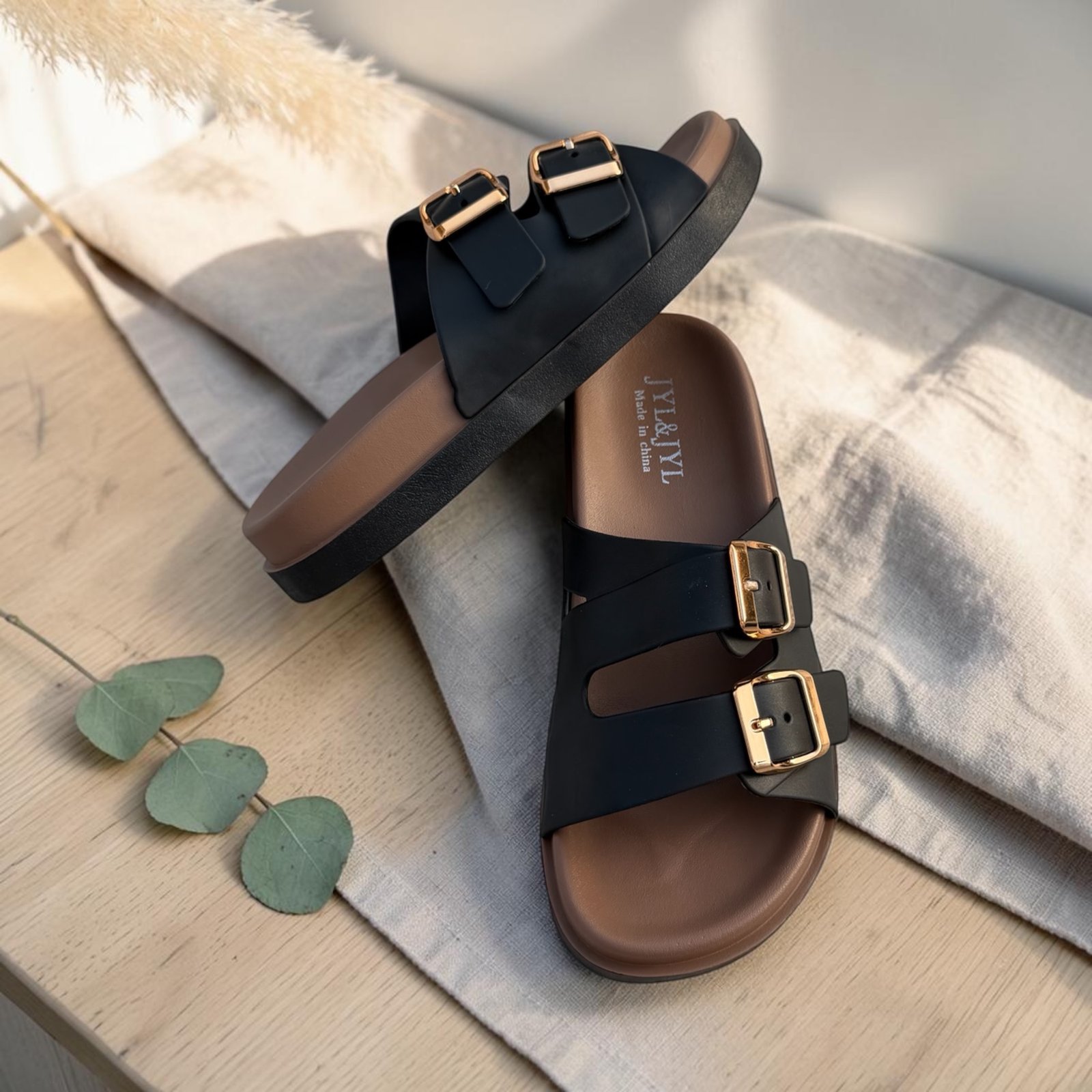 Classic Double-Buckle Molded Slides Black