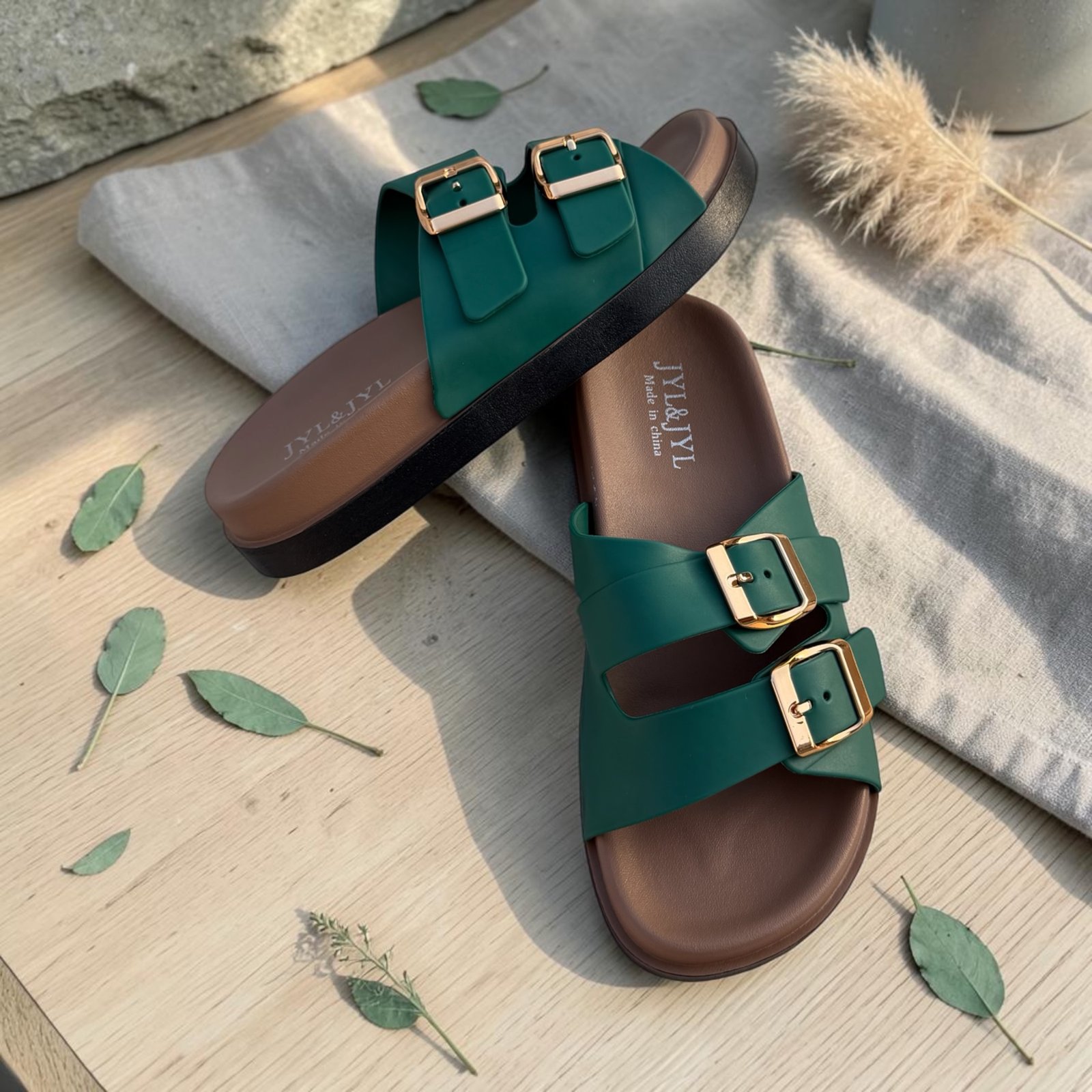 Classic Double-Buckle Molded Slides Green