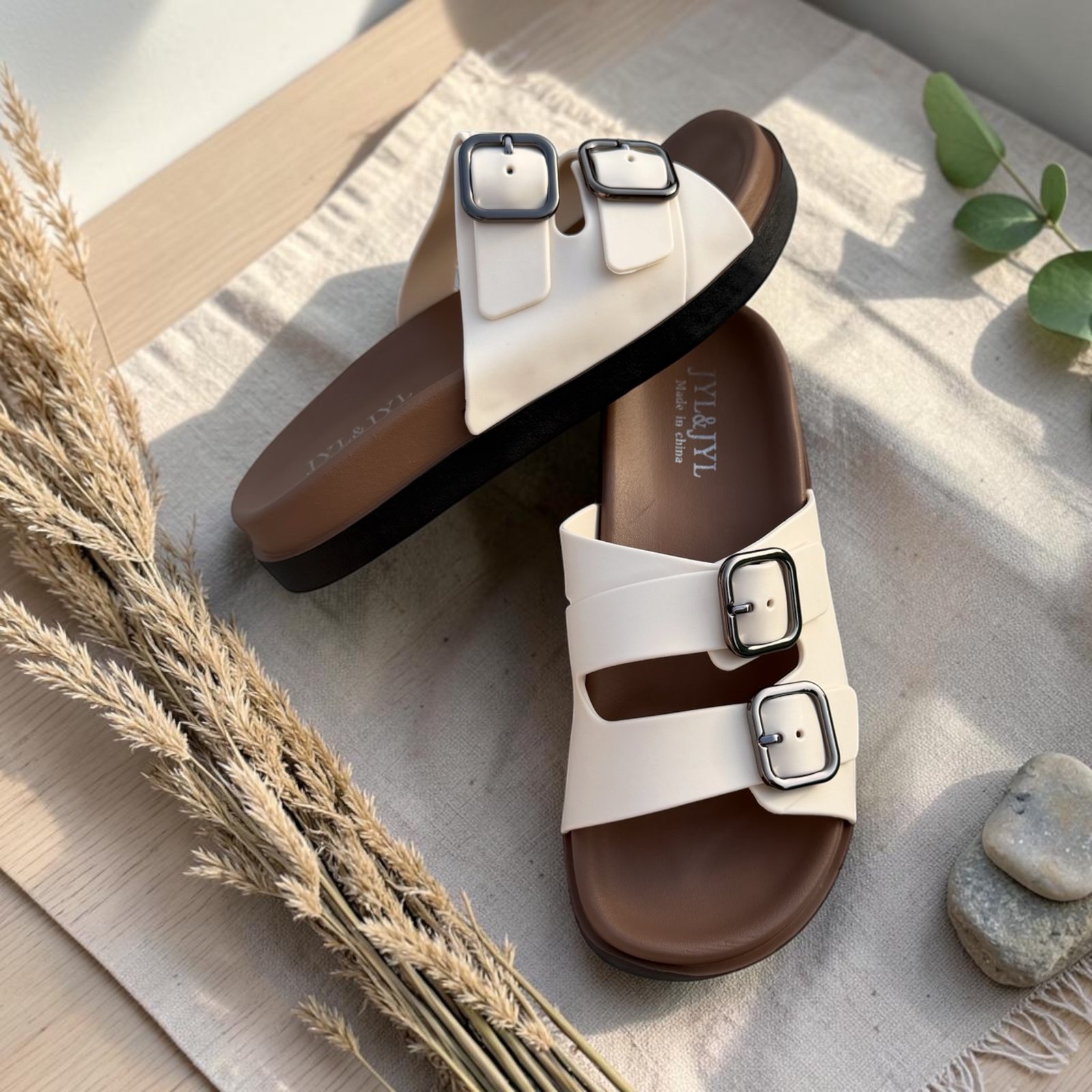 Classic Double-Buckle Molded Slides White