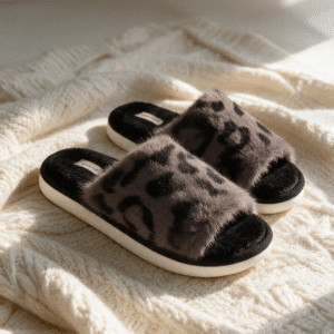 Leopard Fur Slides-Black
