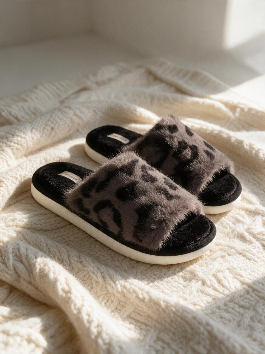 Leopard Fur Slides-Black