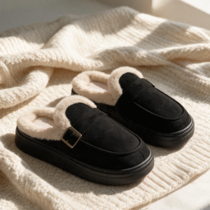 Buckle Fur Mules-Black