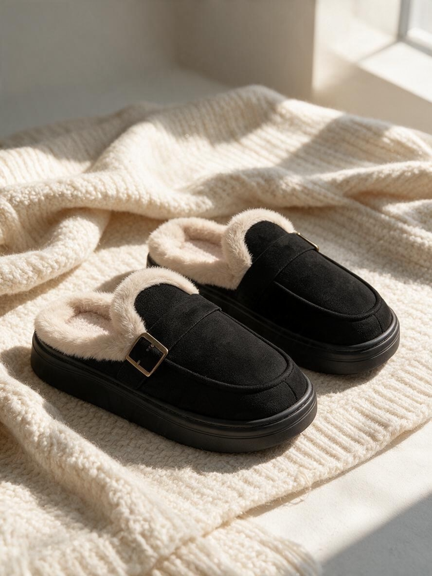 Buckle Fur Mules-Black
